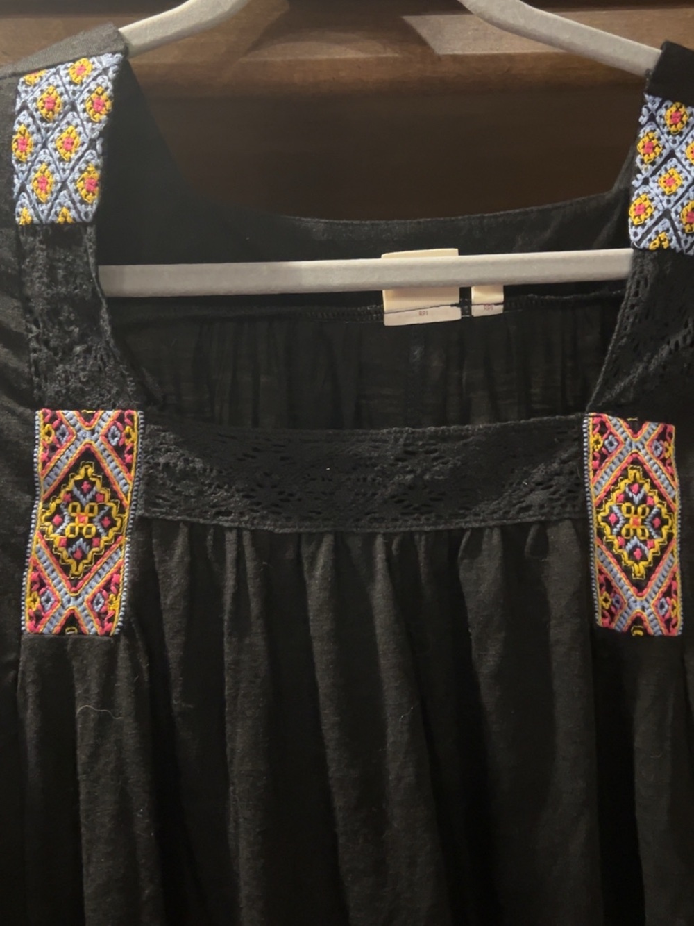 🌸Mudd Boho Black Embroidered Square Neck 3/4 Sleeve Peasant Top Medium NWT - Picture 5 of 9